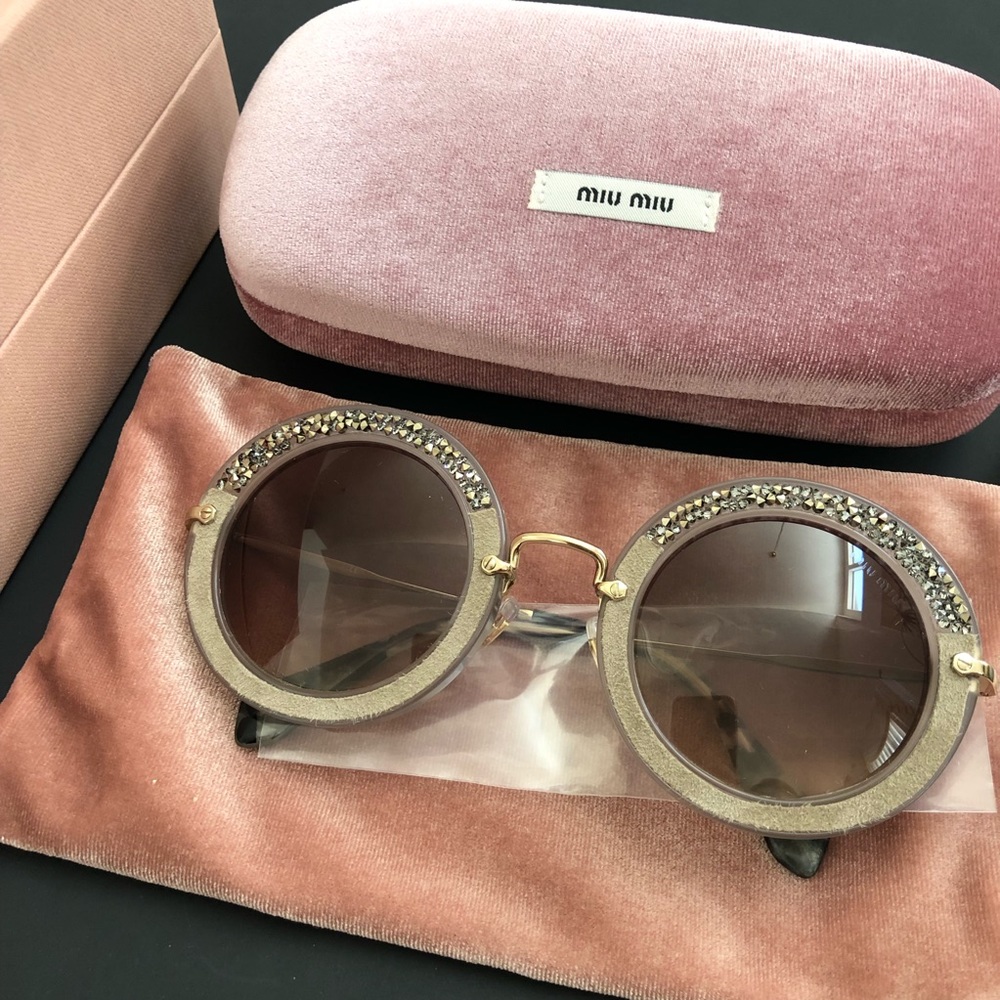 New Miu Miu Tan Round Suede Glitter Sunglasses.